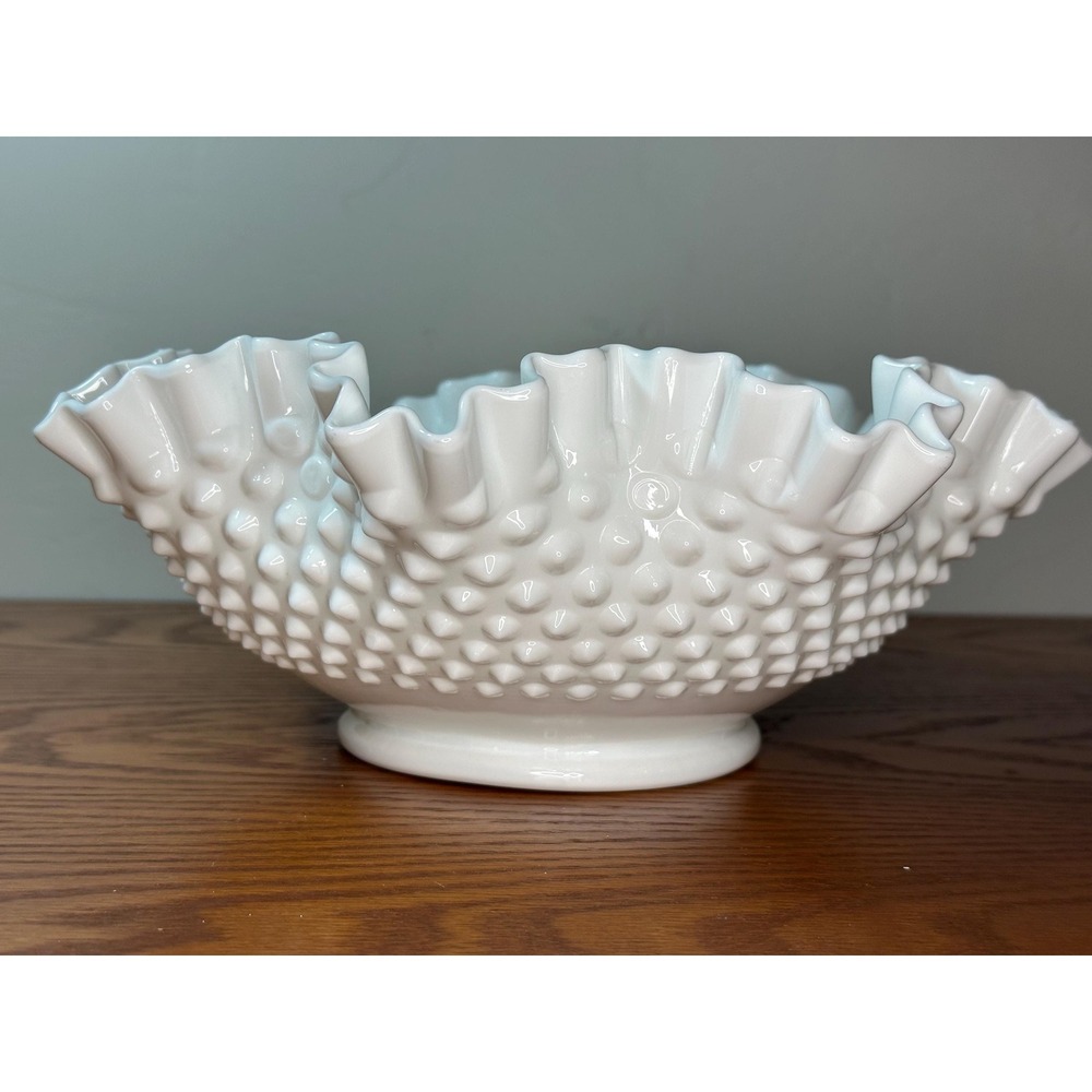 Vintage Large Fenton Hobnail Milk Glass Bowl with Ruffled Edge